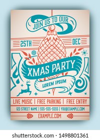 Christmas party flyer retro typography and ornament decoration. Christmas holidays invitation or poster design. Vector illustration.