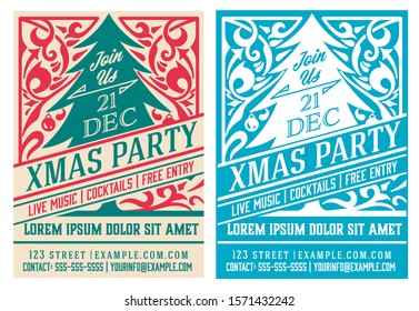 Christmas party flyer retro typography and ornament decoration. Christmas holidays invitation or poster design. Vector illustration.