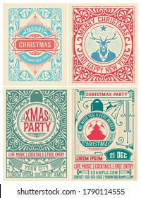 Christmas party flyer retro typography and ornament decoration. Christmas holidays invitation or poster design. Vector illustration.