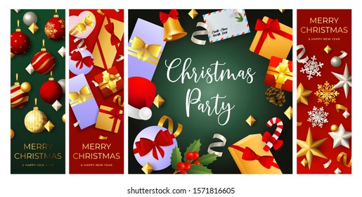 Christmas Party flyer set with baubles, gifts, balls, letters, bells, confetti. Vector illustration for festive poster, greeting card, banner design