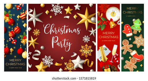 Christmas Party flyer set with champagne, gingerbread cookies, baubles, snowflakes, confetti, streamer. Vector illustration for festive poster, greeting card, announcement banner design