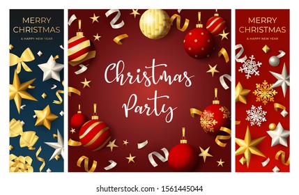 Christmas party flyer set with confetti, hanging baubles, gold and silver snowflakes. Vector illustration for announcement poster, greeting card, banner design