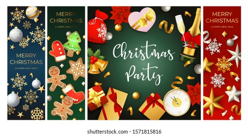 Christmas Party flyer set with fizzy wine, confetti, baubles, snowflakes, gingerbread cookies, gifts. Vector illustration for festive poster, greeting card, announcement banner design
