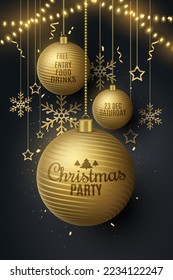 Christmas party flyer. Shiny golden balls, snowflakes, stars. confetti and fir tree with glowing garland. Invitation poster. Festive template design. Vector illustration. EPS 10