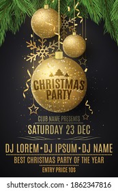 Christmas party flyer template. Decorations from glittering golden balls, stars, snowflakes on a spruce tree. Festive confetti and tinsel. Poster for your club. DJ names. Vector illustration. EPS 10