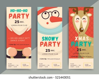 Christmas Party Flyer Template Design. Xmas Poster In Funny Cartoon Style. Winter Holiday Club Event Admission Or Entrance Ticket Layout. Vector Illustration