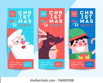 Christmas party flyer template design. Xmas poster in funny cartoon style. Winter holiday club event admission or entrance ticket layout. Vector illustration