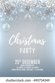 Christmas party flyer template. Elegant vector illustration with glass toys. Beautiful background with silver confetti and shining lights. Design of invitation to night club.