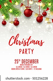 Christmas party flyer template. Elegant vector illustration with glass toys. Beautiful background with silver confetti and shining lights. Design of invitation to night club.