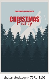 Christmas Party flyer template. An elegant Christmas invitation in the background of a forest with mountains. Christmas holidays flyer or poster design. Vector illustration Eps 10.