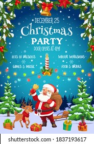 Christmas party flyer vector design of Santa with Xmas bell, gift bag and reindeer, presens, snow sledge and deer, ribbon bows and candle in frame of pine and holly tree branches. Winter holidays