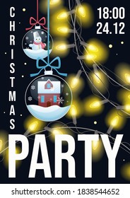 Christmas party flyer vector illustration. Winter holiday card design with festive glittering garland, house under snow, snowman, snowflake in ball for Christmas tree. Creative invitation background