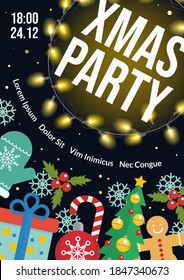 Christmas party flyer vector illustration. Winter holiday card design with festive glittering garland, house under snow, snowman, snowflake in ball for Christmas tree. Creative invitation background