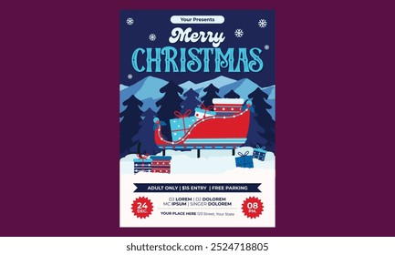 Christmas Party Flyer. Vector illustration. Winter holiday invite, snowflakes and streamers. Minimal flyer, brochure voucher template.