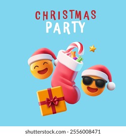 Christmas party, funny emojis, Christmas sock with sweets, gift, 3D. Banner for concepts of merry Christmas parties, celebrations, and corporate events. Secret Santa. Vector illustration