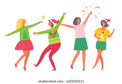 Christmas party of girls, woman New Year celebration in female company vector. Friends dancing throwing confetti and firing bengal light, dancers