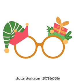 Christmas party glasses with elf hat and gift box vector cartoon illustration isolated on a white background.