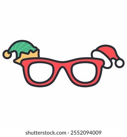 Gafas de fiesta de Navidad con elfo y sombrero de Santa ilustración de dibujos animados de Vector aislados sobre un fondo blanco.