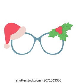 Christmas party glasses with Santa Claus hat and holly berries leaves vector cartoon illustration isolated on a white background.