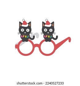 Christmas party glasses vector cartoon with a black cat isolated on a white background.
