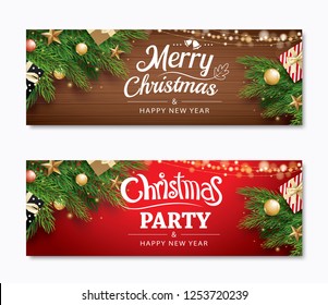 Christmas party and greeting card with holiday decoration background. Xmas and happy new year. Vector illustration for cover, banner, template.