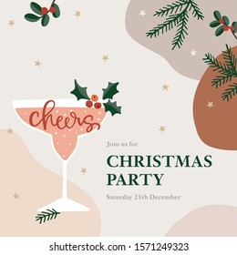 Christmas Party Greeting Card, Invitation. Cocktail, Wine Glass With Holly Berries. Cheers Handletterd Text. Winter Celebration Concept. Anstract Background With Fir Branches, Stars And Cranberries.
