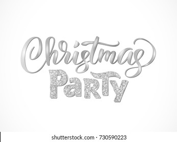 Christmas party hand written lettering isolated on white background. Sparkling glitter silver typography, modern calligraphy. Vector illustration. Great for party posters and banners.