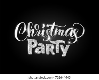 Christmas party hand written lettering on black background. Sparkling glitter silver typography, modern calligraphy. Vector illustration. Great for party posters and banners.