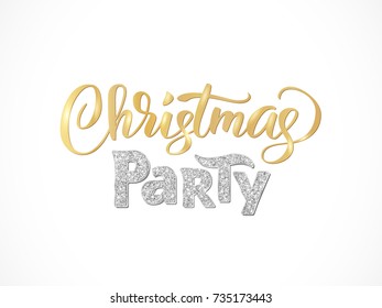 Christmas party hand written lettering isolated on white background. Sparkling glitter golden typography, modern calligraphy. Vector illustration. Great for party posters and banners.