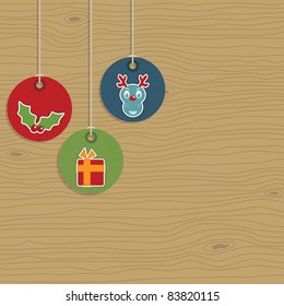 christmas party hanging tags on wood background