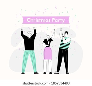 Christmas Party and Happy New Year celebration. Group of happy people with sparklers having fun, blowing party horn, smiling, flying confetti. Vector linear character illustration of holiday event
