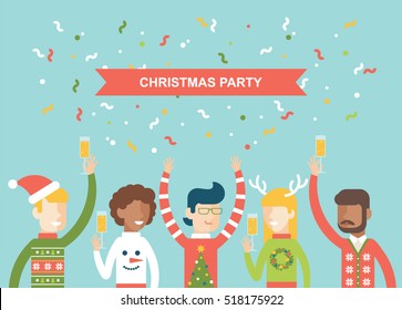 Christmas Party Happy People Celebrating Christmas Flat Vector Illustration