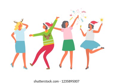 Christmas party, happy people dancing and having fun together. Women coworkers celebrating New Year and Xmas, in Santa Claus hat and sparkler isolated vector