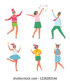 Christmas party, happy people having fun dancing vector. Woman wearing Santa Claus hat, female with confetti, man in hat with mistletoe plant leaf