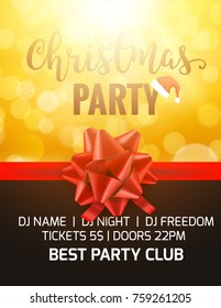 Christmas party holiday poster card. Party invitation banner with bow and bokeh background.