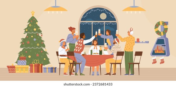 Fiesta navideña en la ilustración vectorial plana del hogar. Amigos en la mesa con vasos de champán riéndose en una acogedora sala de estar con decoraciones navideñas.