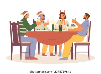 Christmas party at home flat vector illustration. Friends at dinner table with glasses of champagne laughing.