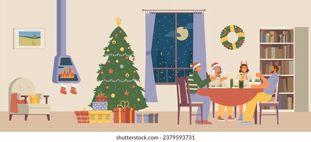 Christmas party at home flat vector illustration. Friends at dinner table with glasses of champagne laughing in cozy living room with Christmas decorations.