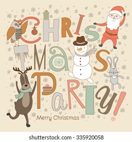 Christmas party. Illustration with the characters. Pets dancing.