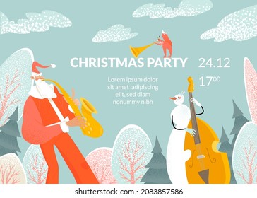 Christmas party illustration with funny Santa, snowman and squirrel. Vector invitation card template with cartoon characters on winter forest background