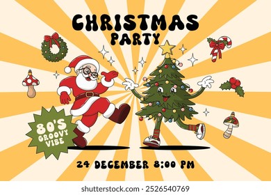 Christmas Party Invitation with 80's groovy vibe. Poster with santa claus and christmas tree characters in retro style. New year winter vector illustration, editable stroke.