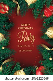 Christmas party invitation with balls and gold snowflakes