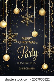 Christmas party invitation with balls and gold snowflakes