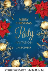 Christmas party invitation with balls and gold snowflakes