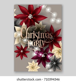 Christmas party invitation with big paper vector origami flowers red poinsettia 3d