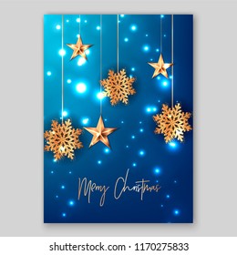 Christmas Party Invitation Christmas blue Background with Shining Gold Snowflakes stars garland. Vector illustration xmas