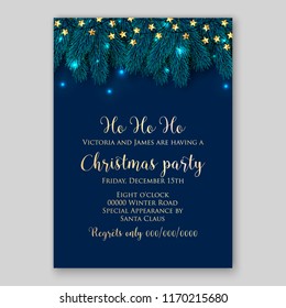 Christmas party invitation blue fir tree light garland Winter holiday floral background of pine  fir branches