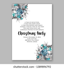  Christmas Party Invitation blue rose fir winter wreath wedding invitation vector card template