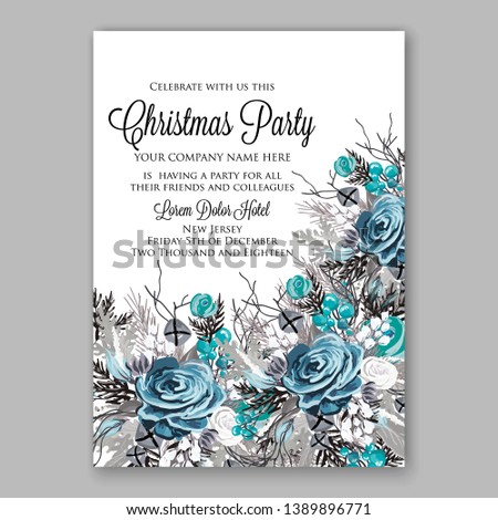  Christmas Party Invitation blue rose fir winter wreath wedding invitation vector card template