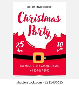 Christmas party invitation card, banner, poster, leaflet, flyer or brochure with Santa Claus red suit and his white beard. Winter holidays celebration invitation or greeting card vector template.